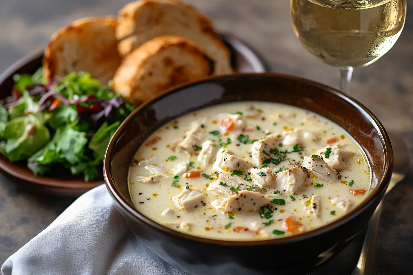 Creamy Tuscan chicken soup served with garlic bread and salad