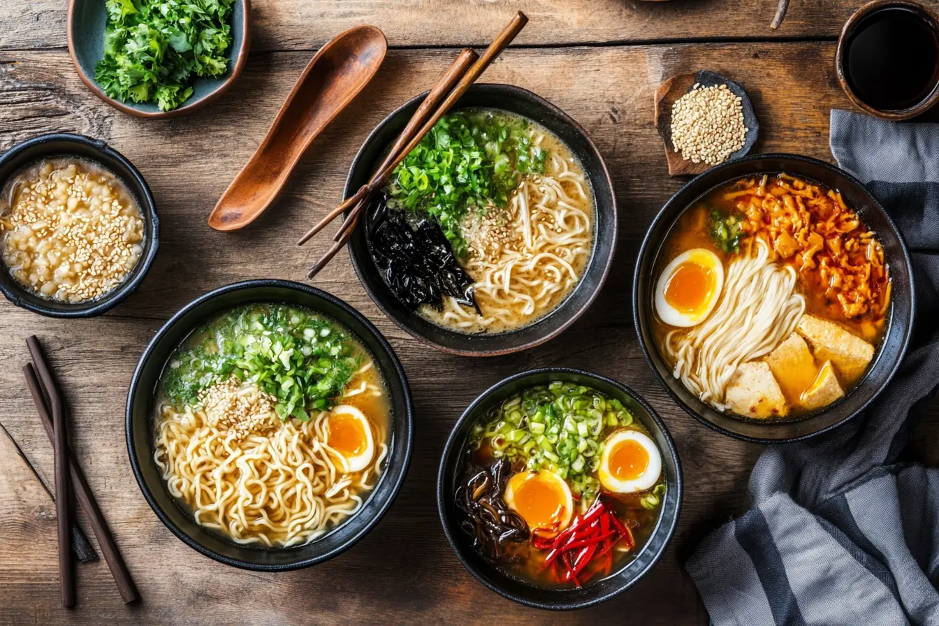 Overhead shot of four types of ramen: shio, shoyu, vegetarian tonkotsu, and miso ramen.