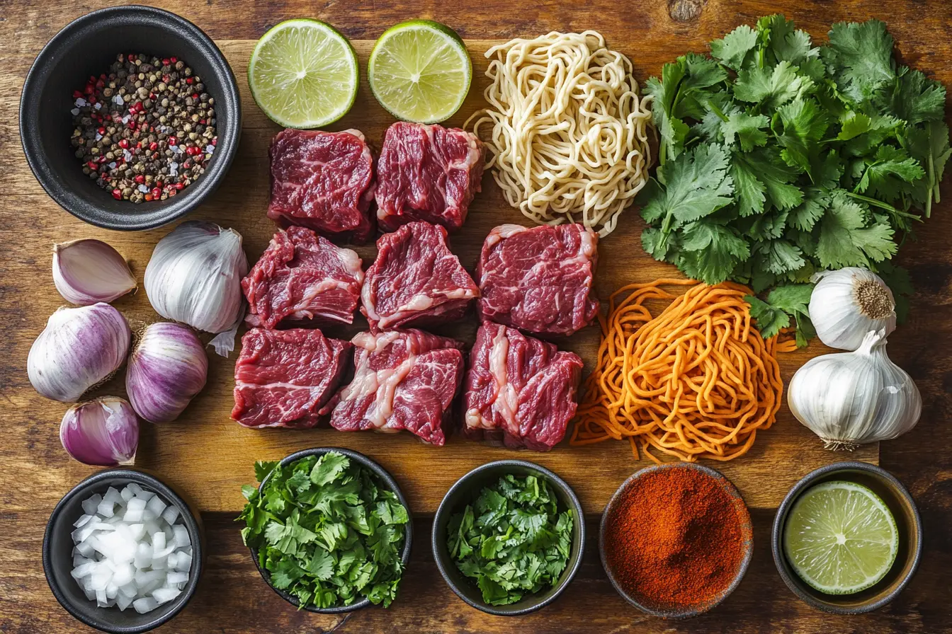 Ingredients for birria ramen recipe, including beef, dried chiles, ramen noodles, and cilantro