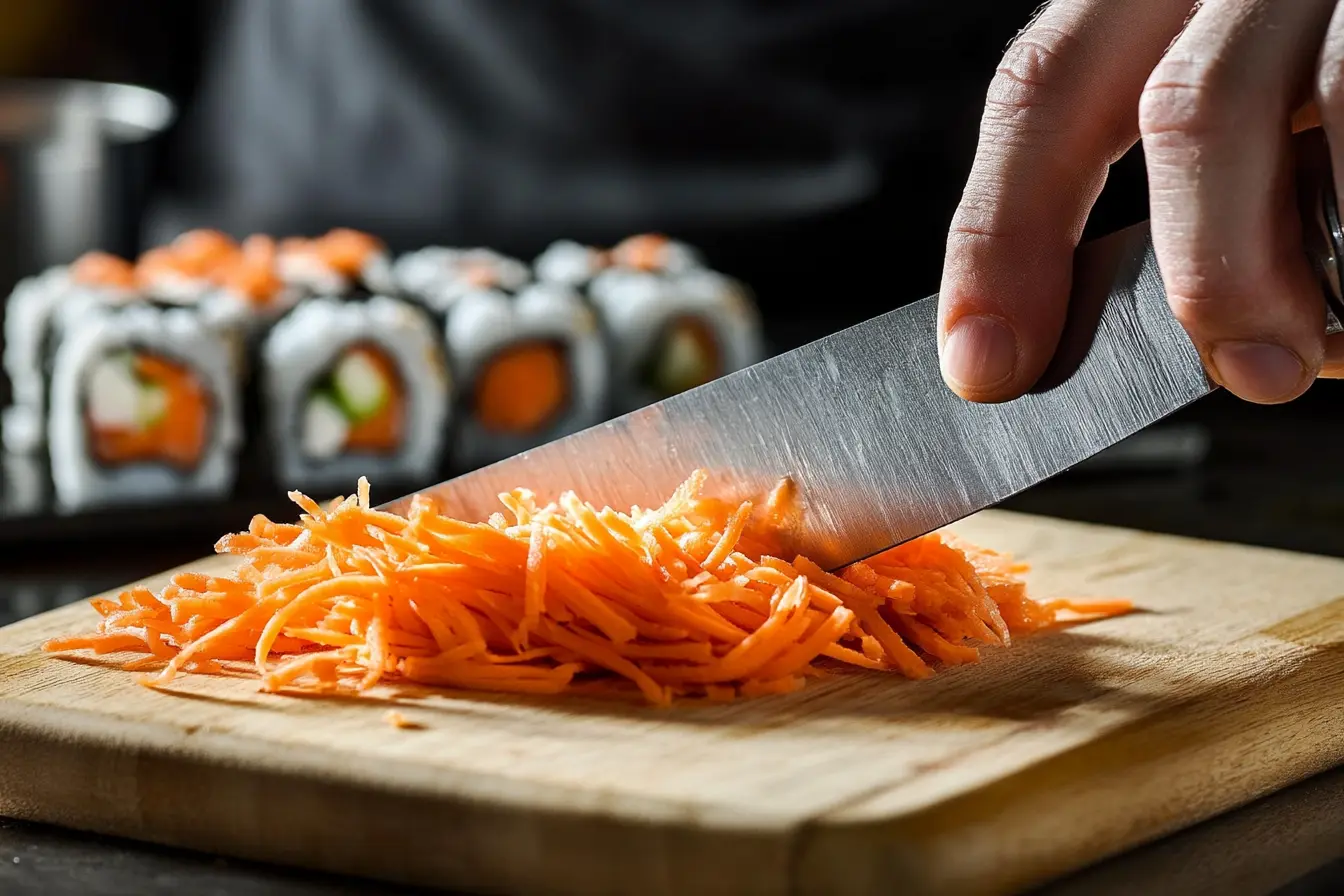 Chef slicing carrots for sushi with a sharp knife on a cutting board.