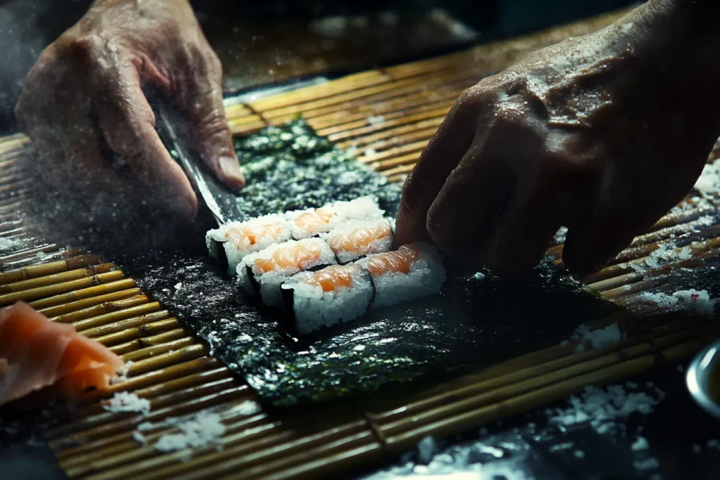 Sushi preparation with gobo and fresh ingredients on a bamboo mat