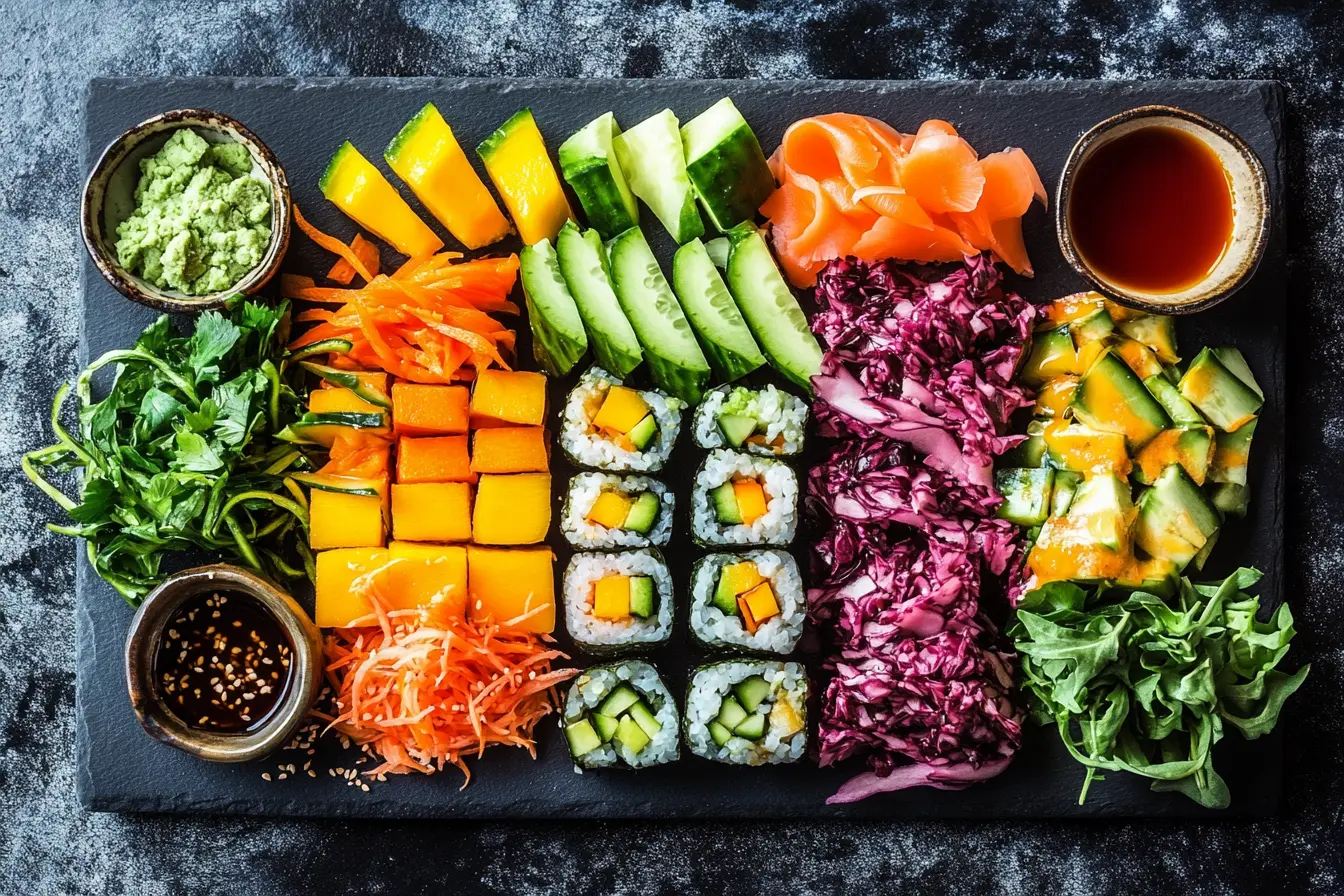 Platter of colorful vegetarian sushi rolls with carrots, avocado, and mango