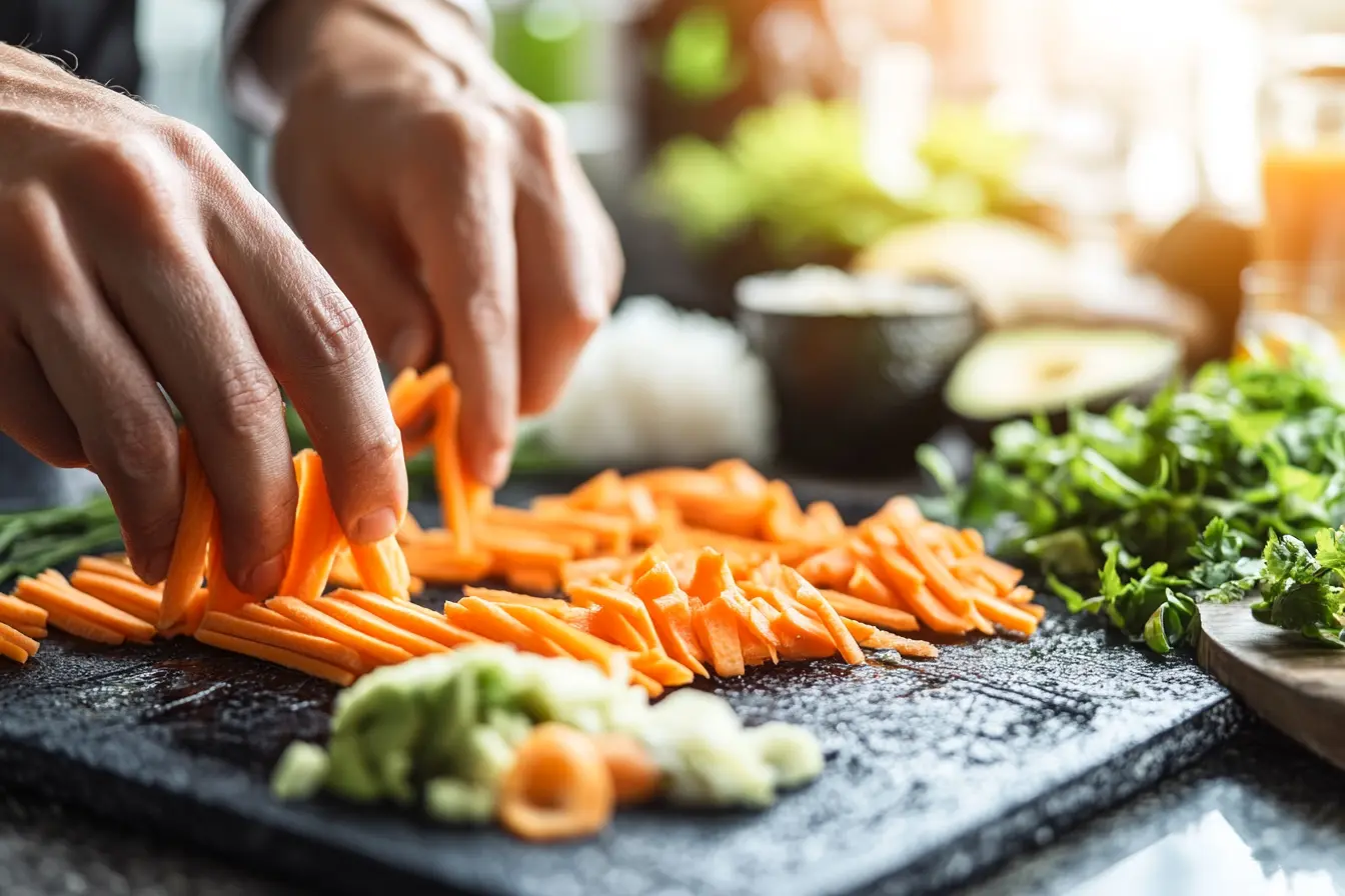Chef julienning carrots for sushi with sushi ingredients in the background
