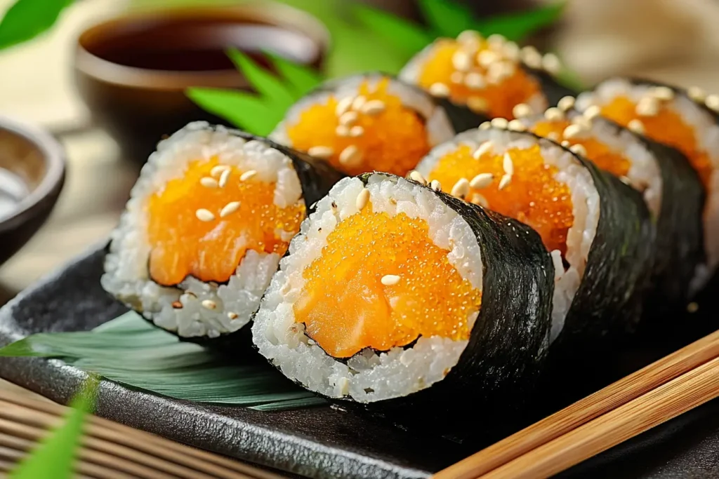 Gobo maki sushi rolls with pickled burdock root on a Japanese plate