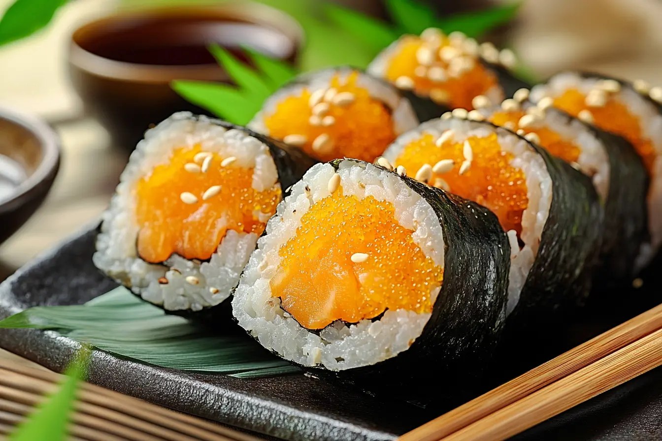 Gobo maki sushi rolls with pickled burdock root on a Japanese plate