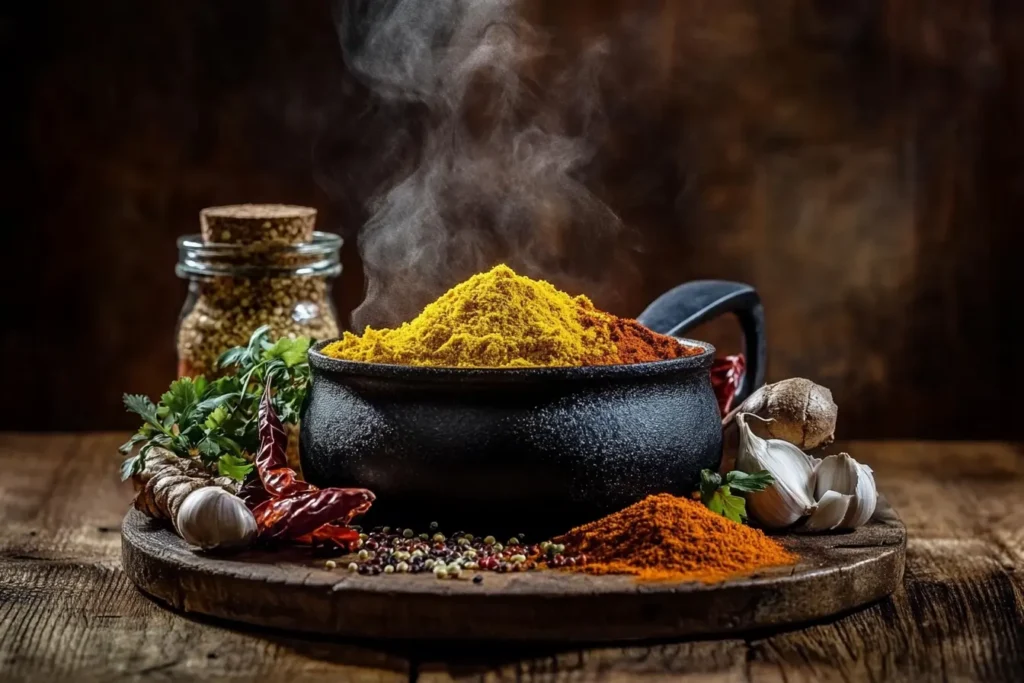 Quinoa cooking with spices like turmeric, cumin, and garlic powder.