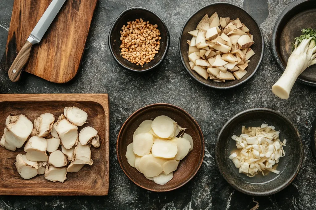 Gobo preparation process with sliced and whole roots, soaking in vinegar water