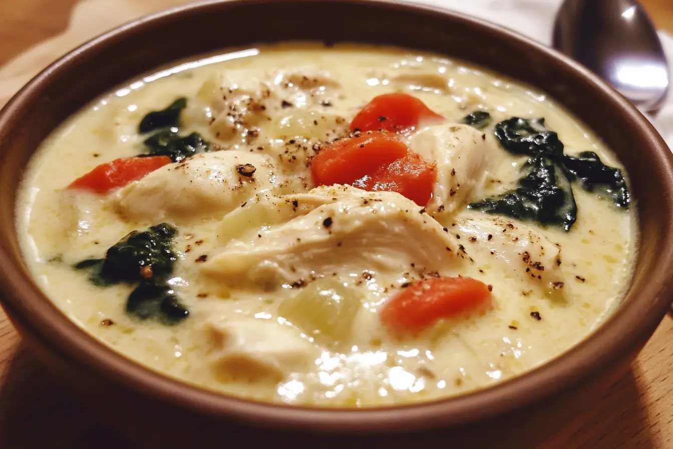 Sautéing chicken and garlic for creamy Tuscan chicken soup with cream cheese