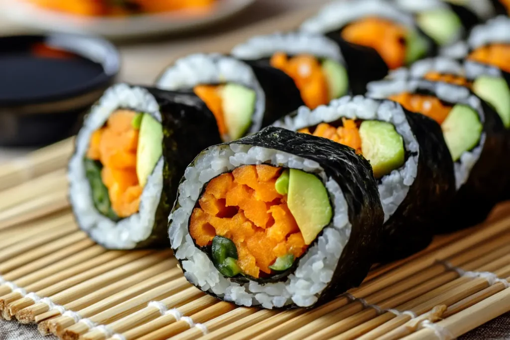 Close-up of carrot and avocado sushi rolls with rice and nori.