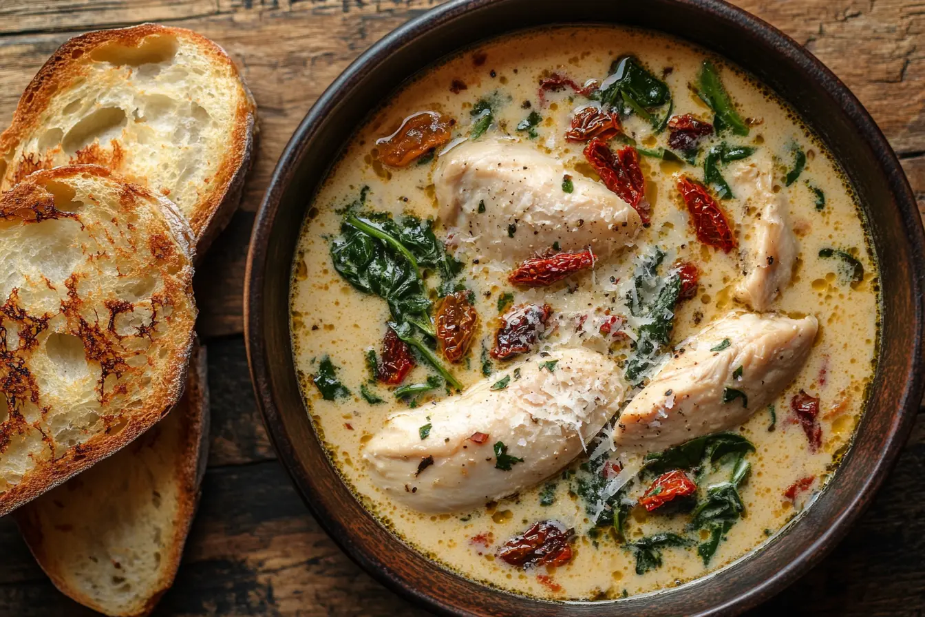 Creamy Tuscan chicken soup with spinach, sundried tomatoes, and Parmesan cheese