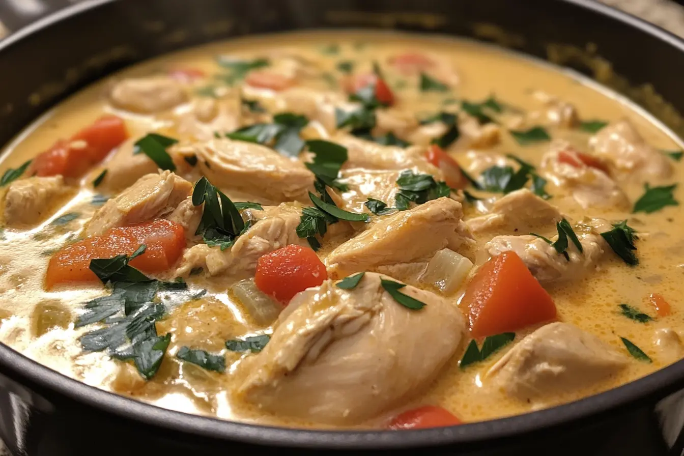 Creamy Tuscan chicken soup served with garlic bread and salad.